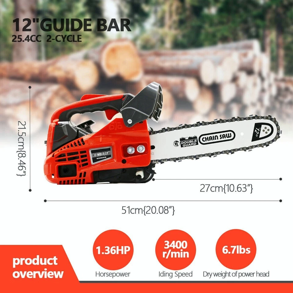 1000W 25.4CC Mini Gasoline Chainsaw 2-Stroke Top Handle Petrol Chainsaw 12'' Bar - Image 2 of 4