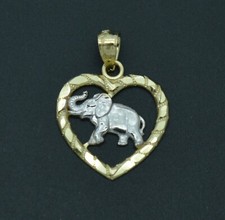 Real 10K Solid Yellow Gold Shiny Elephant Inside the Heart Pendant