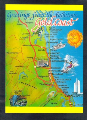 E0869ski  Australia Queensland Gold Coast Map postcard