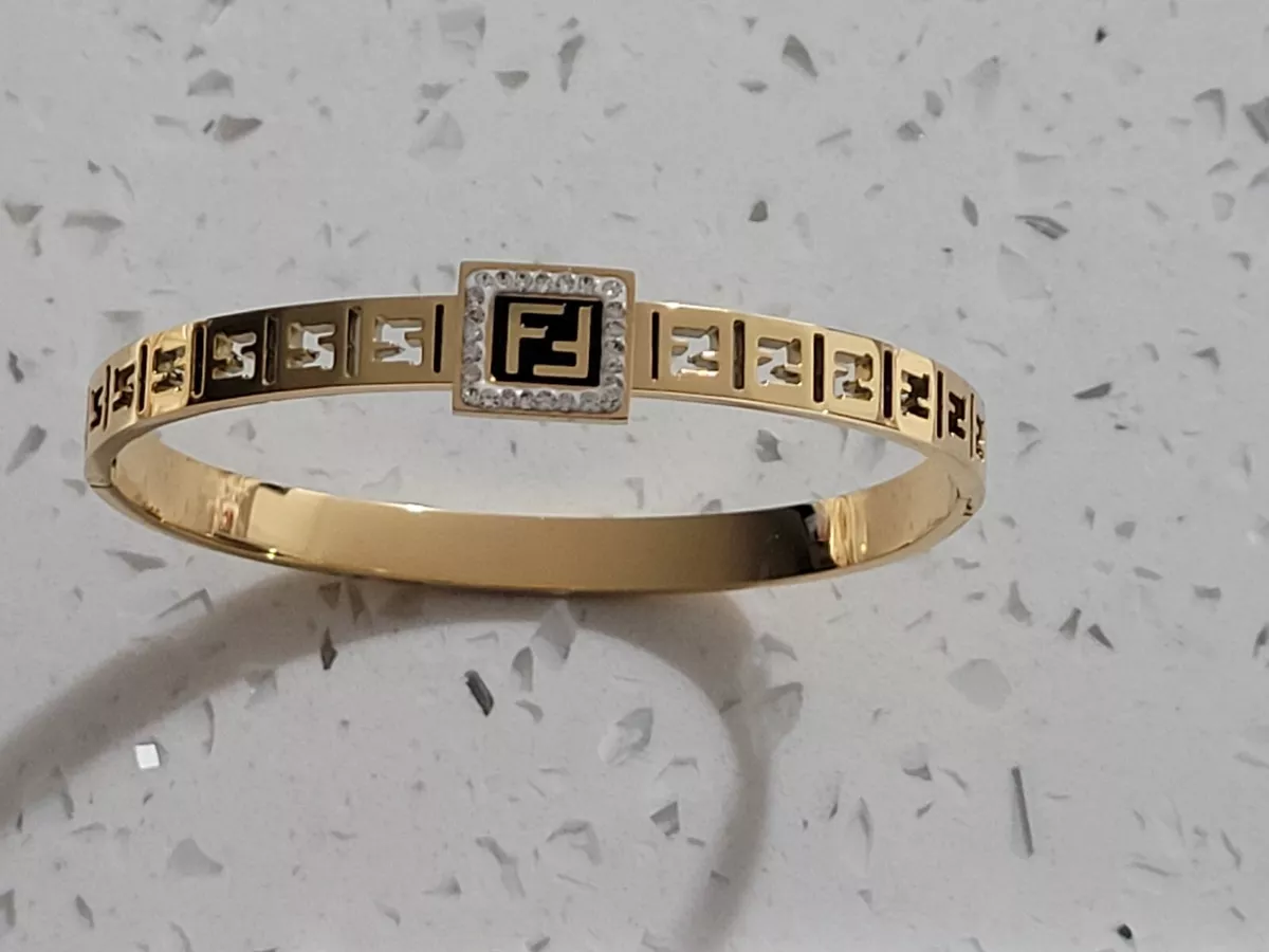 Fendi circle F inside bracelet gold black rhinestone brass zirconia  adjustable | eBay