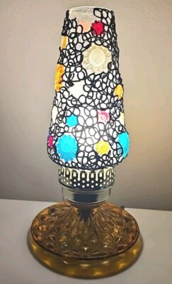Vintage Mid Centurey Table Lamp, Orange Glass Base Metal Floral Glass Shade 12'' 
