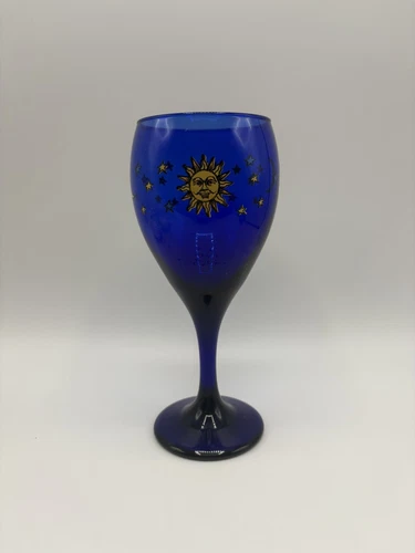 Libbey Celestial Cobalt Blue Goblet Wine Glass SUN MOON STARS 7.5 Inches