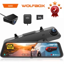 WOLFBOX 12" Rearview Mirror Dash Cam GPS 4K+1080P Dual Touch Screen Car DVR