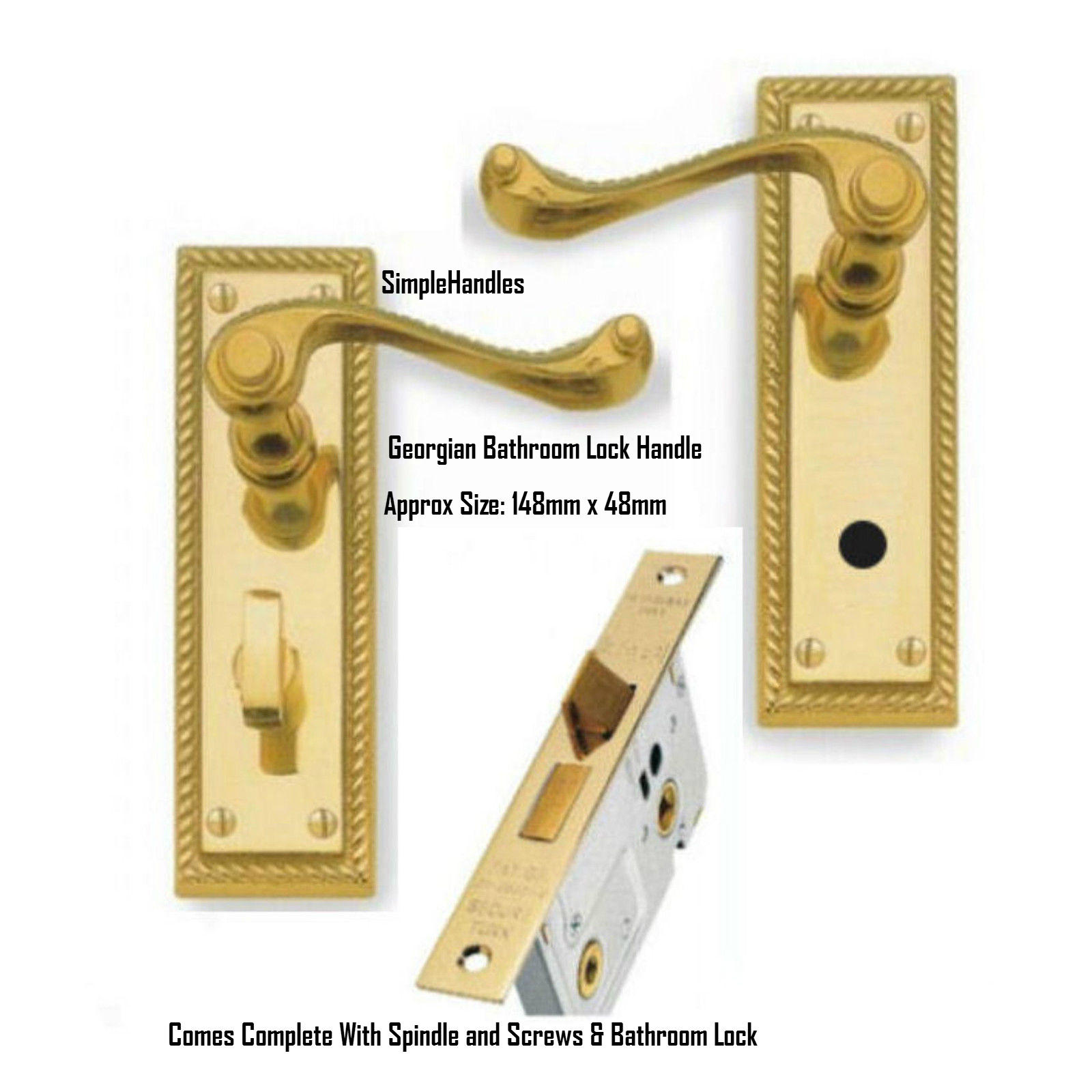 Brass Finish Georgian Bathroom Lock Door Handles Keyhole 148x48mm ...