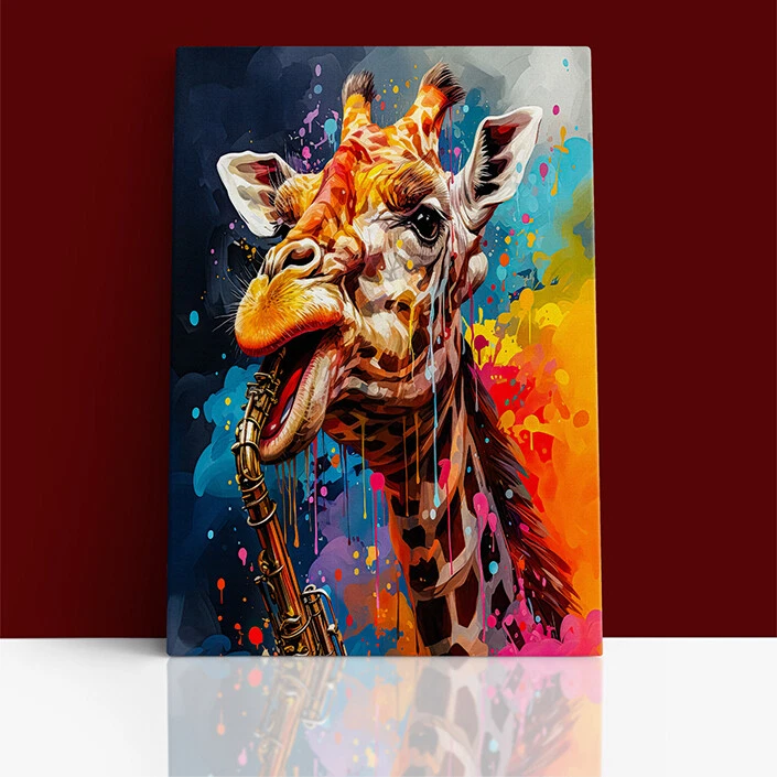 GIRAFFE PLAYING SAXOPHONE WATERCOLOR Abstract Canvas Wall Art Print Framed Decor - Image 2 of 2