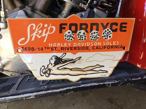 VINTAGE PORCELAIN 1947 SKIP FORDYCE HARLEY-DAVIDSON DEALER SIGN Knucklehead Xmas