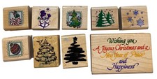 Christmas Rubber Stamps Lot 9 Wood Blocks Crafting Card Making Scrapbooks