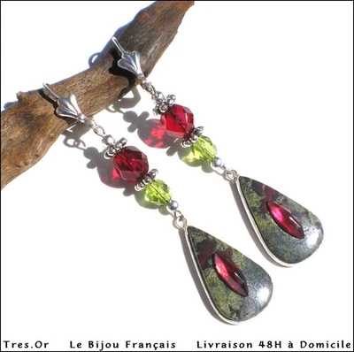 Jaspe Sang de Dragon Cristal Bijou Français Boucles d'Oreille Livré 48h Domicile - Photo 1/4
