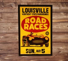 1960's Louisville KY Auto Racing Framed Poster! Vintage Sports Car Race Sign Art