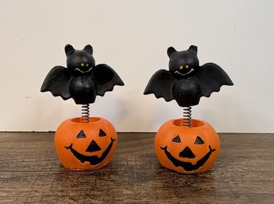Lot Of 2 Halloween 2.5'' Pumpkin & Flying Bat Bobble Decoration Figures