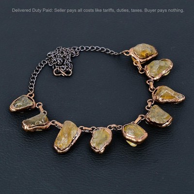Copper Pentagon Citrine Rough Gemstone Boho Electroformed Chain Necklace Jewelry