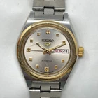 Vtg Seiko 5 Automatic Watch Women 24mm Silver Gold Tone 2906-0340 Day Date SMALL