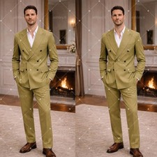 Olive Green Men's Suits Double Breasted Peak Lapel Wedding Groom Tuxedo 2 Pieces