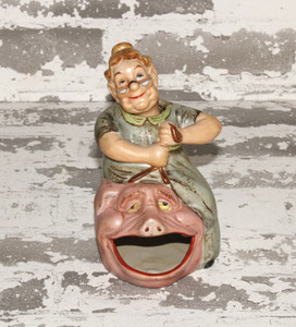 VTG Bisque Ma Riding a Pig Nodding Head Grandma Nodder Figurine 6"