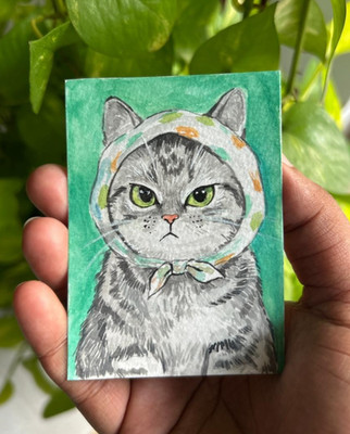 ACEO Original Watercolor Painting Babushka Cat Tabby Kitten Animal Art OOAK