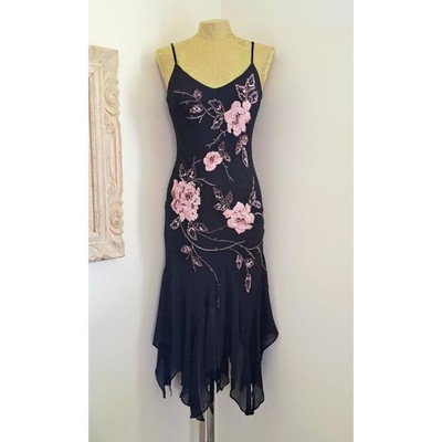 Sue Wong Nocturne Midi Dress Y2K Fairycore Black Silk Floral Embroidered Beads 6