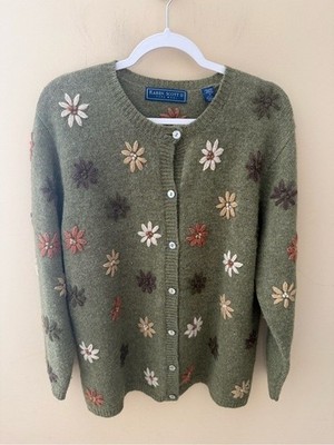 Karen Scott pure wool 90s vintage sweater cardigan 3D daisy detail size 1X