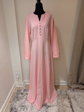 Vintage 1970s Toni Todd Pink Faux Button Maxi Dress Embroidery Longsleeve XL Zip