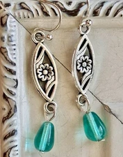 Etched Silver Flower and Ocean Blue Glass Teardrop Earrings. Boho Chic.