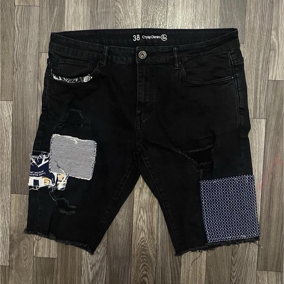 Crysp Denim Black Patchwork Distressed Flat Front… - image 1