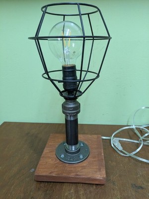 Industrial Loft Style Table Lamp Metal Cage And Wooden Base Electric Lighting