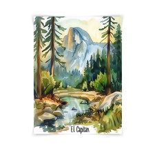 El Capitan Watercolor Print, Yosemite Forest River Mountain Art