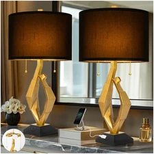 Sculptural Table Lamp Set of 2 with USB Ports For Living Room, Gold Leaf Fini...