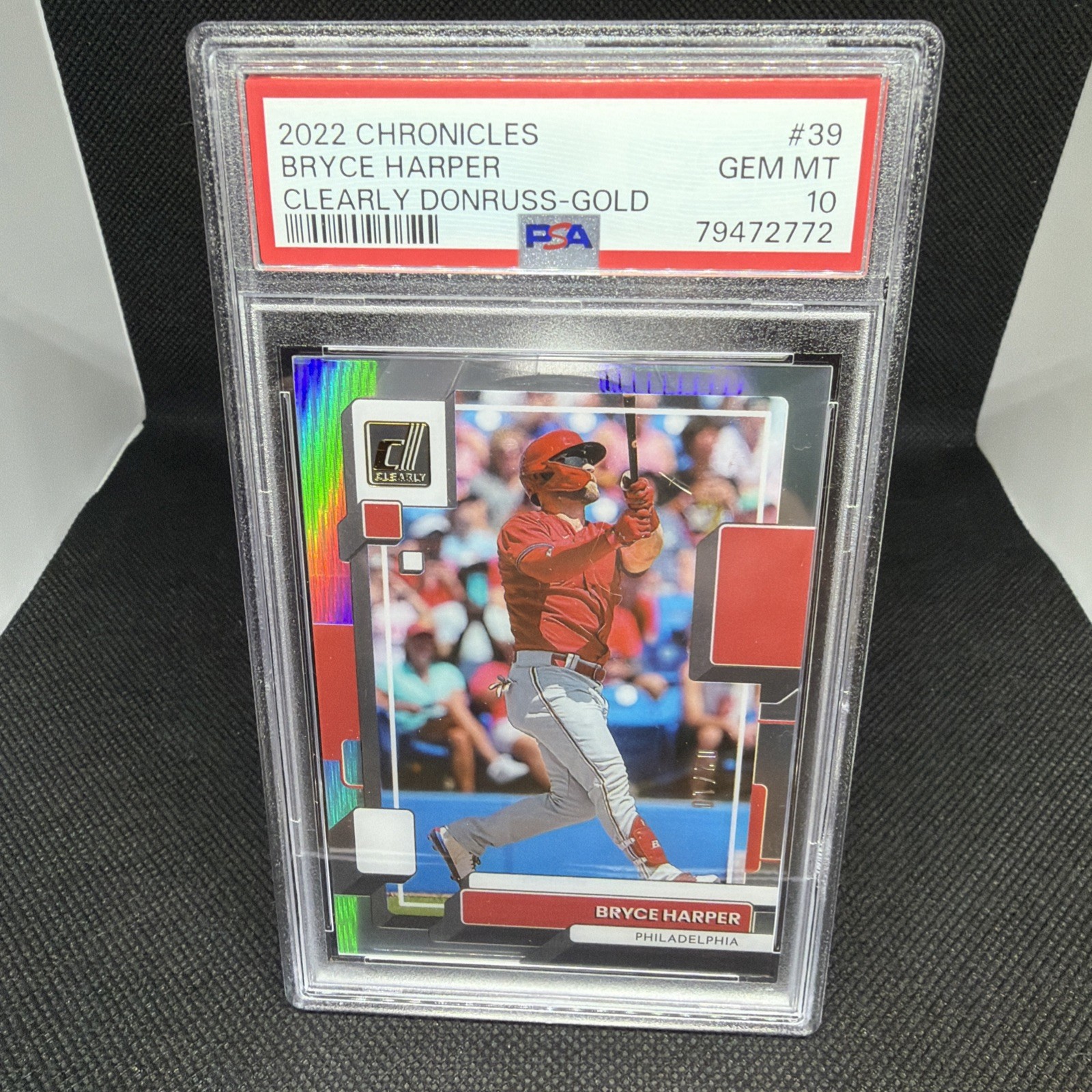 2022 PANINI CHRONICLES CLEARLY DONRUSS 39 BRYCE HARPER GOLD - 2/10 POP 1