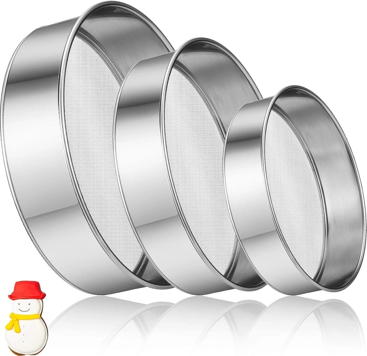 3 Pcs Stainless Steel Round Flour Sifter Sieve Fine Mesh Bake Decorate Cakes