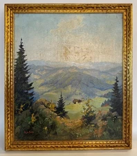 Older Signed Hugo Müller Oil Painting European Landscape on Board Framed