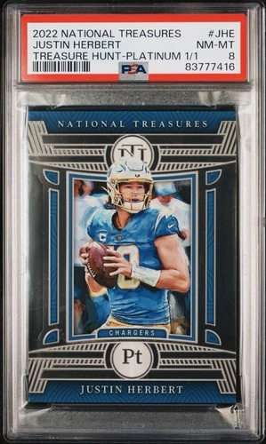 2022 NATIONAL TREASURES JUSTIN HERBERT TREASURE HUNT .999 PLATINUM 1/1 PSA 8