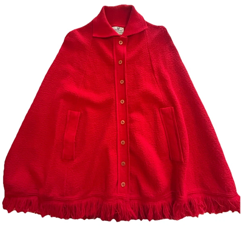 Poncho Suéter Cárdigan MCM Rojo Abuela Capa Flecos Años 60 Orlon Acrílico SweeTree Foto 3 de 4