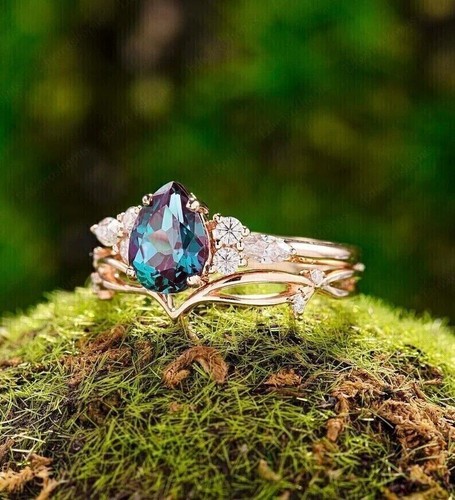 2Ct Pear Cut Lab-Created Alexandrite Bridal Engagement Ring 14K Rose Gold Plated - Picture 3 of 6