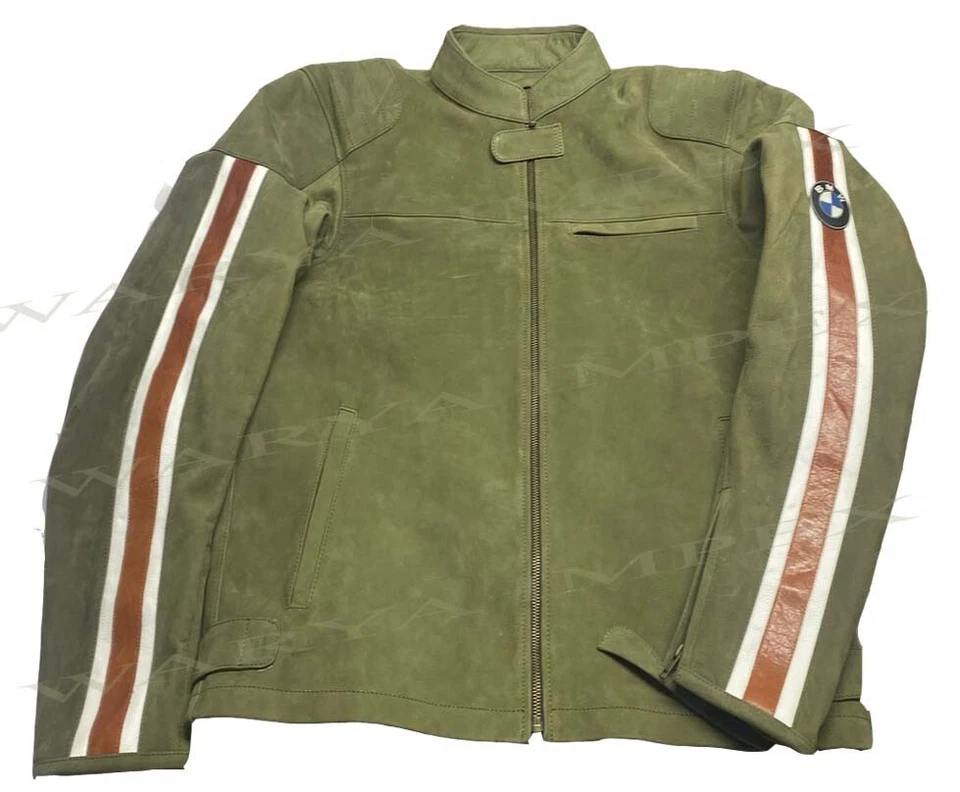 BMW MOTORRAD TWIN STRIPES MENS GREEN LEATHER JACKET MOTORCYCLE RIDING JACKET NEW - Image 3 of 4