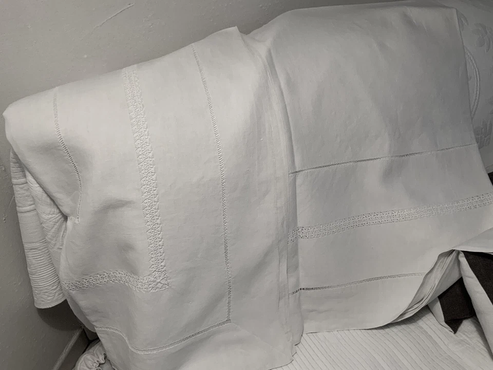 linge ancien Drap DE MARIAGE Avec Retour Travaillé Ajouré Monogramme RH - Photo 4/4