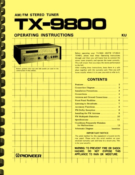 Pioneer TX-9800 Stereo Tuner OWNER'S MANUAL and SERVICE MANUAL