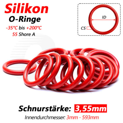 Schnurstärke 3,55mm O-Ring Silikon Dichtring VMQ Dichtungsringe 3mm-593mm ID Rot