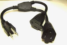 Power Plug saver AC Power Y splitter cable 14" long  125V. MEMA 5-15 P to 2Jacks