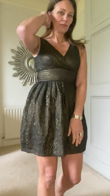 WAREHOUSE Metallic Dress Size 8 Black Gold Glam Rock Coquette Mini Party  Vamp | eBay