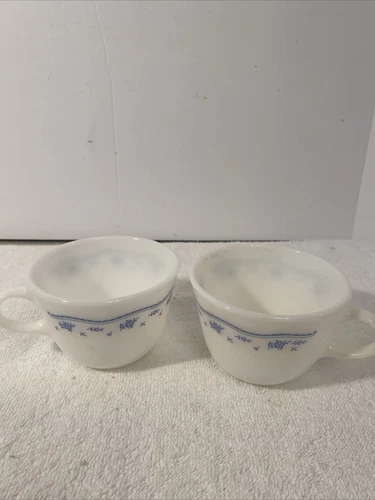 2 Vintage Pyrex by Corning Milk Glass Collectible Morning Blue Coffee Tea Cup