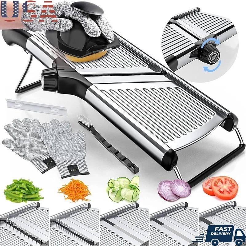 Adjustable Mandoline Slicer Stainless Steel Cutter Fruits Vegetables W/ Gloves