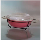 Vintage 2 Quart PYREX pink Casserole Dish with Clear Lid and black metal holder
