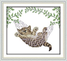 Happy Forever 11CT Stamped Cross Stitch, DA061 cat on Basket, Size 14''x13''