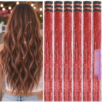 Hair Tinsel Clip in Pack of 18 Pcs Red Hair Accessories | 22 Inch Glitter Fai... - Image 1 of 4