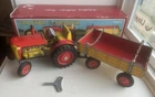 VINTAGE Schylling Wind-Up Tin Tractor & Trailer Wagon + Original Box TESTED!