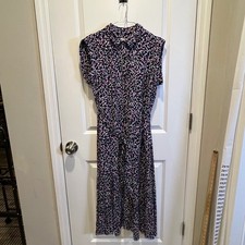 Hobbs London Navy Pink White Abstract Dot Print Midi Shirt Dress Size 10