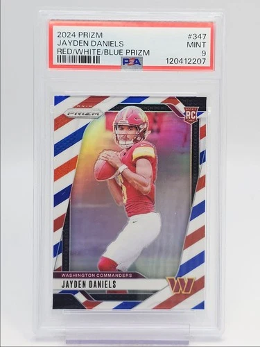 JAYDEN DANIELS 2024 PANINI PRIZM ROOKIE RED WHITE BLUE RC PSA 9 Q0004