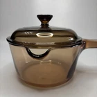VTG CORNING WARE VISIONS 1 LITER SAUCEPAN POT w/SPOUT PYREX LID AMBER USA