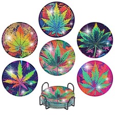 6 Pcs Leaf Diamond Art Coasters with Holder DIY Mosaic Table Decoration Gift