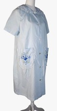 Vintage 70s Sears Comfort Coat Womens House Dress Blue Embroidered Pockets XL